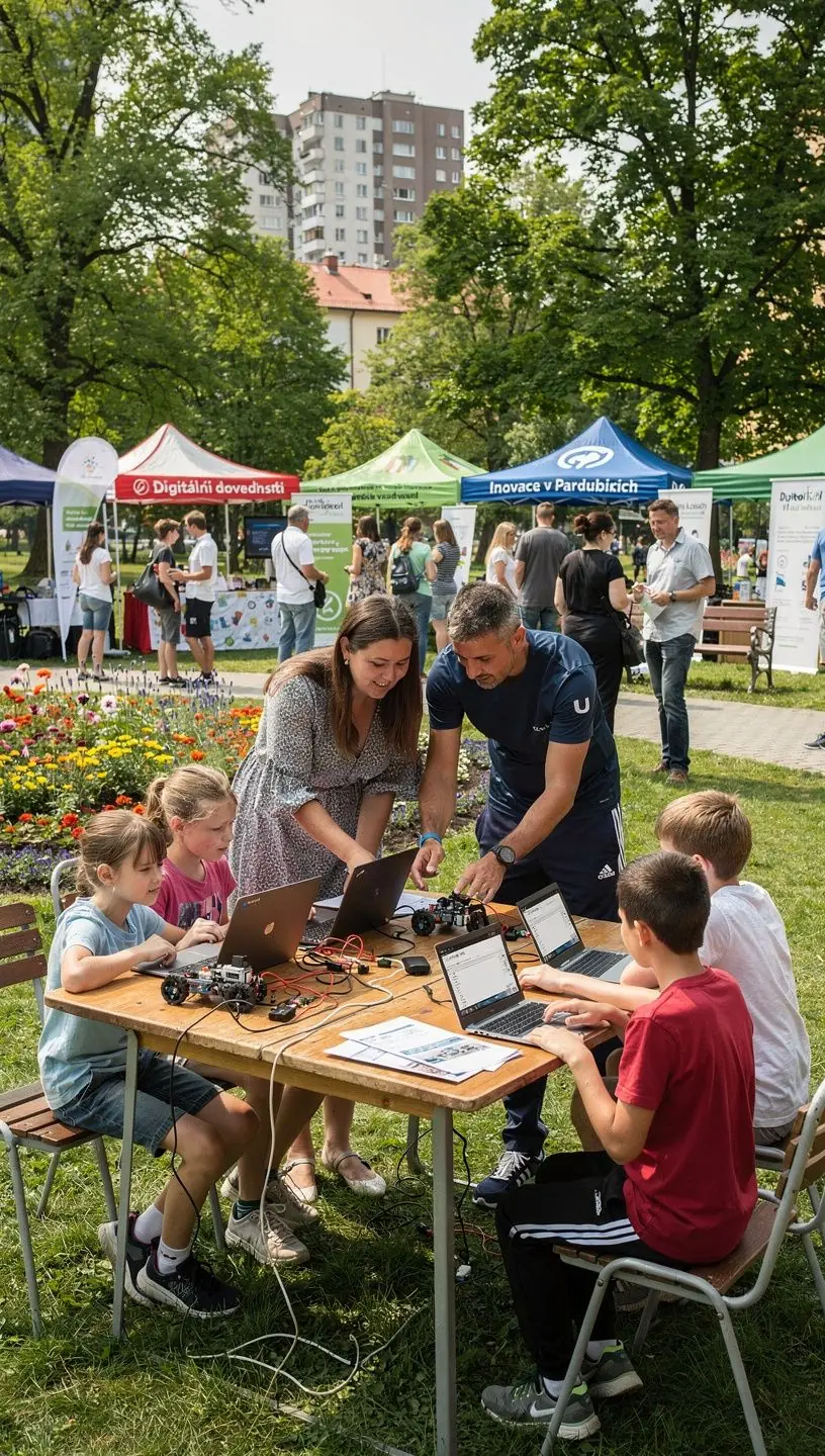 Zasedací místnost s tabulí pokrytou nápady a grafy zaměřenými na digitální dovednosti.