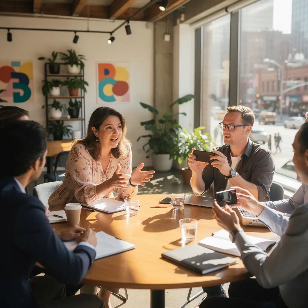 Startupový tým diskutuje o nových trendech v technologiích a pracovním prostředí.