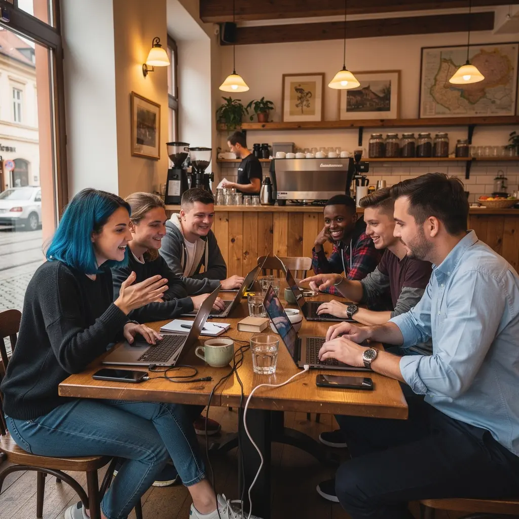 Žena programující na notebooku s technologií kolem ní v kreativním prostoru.
