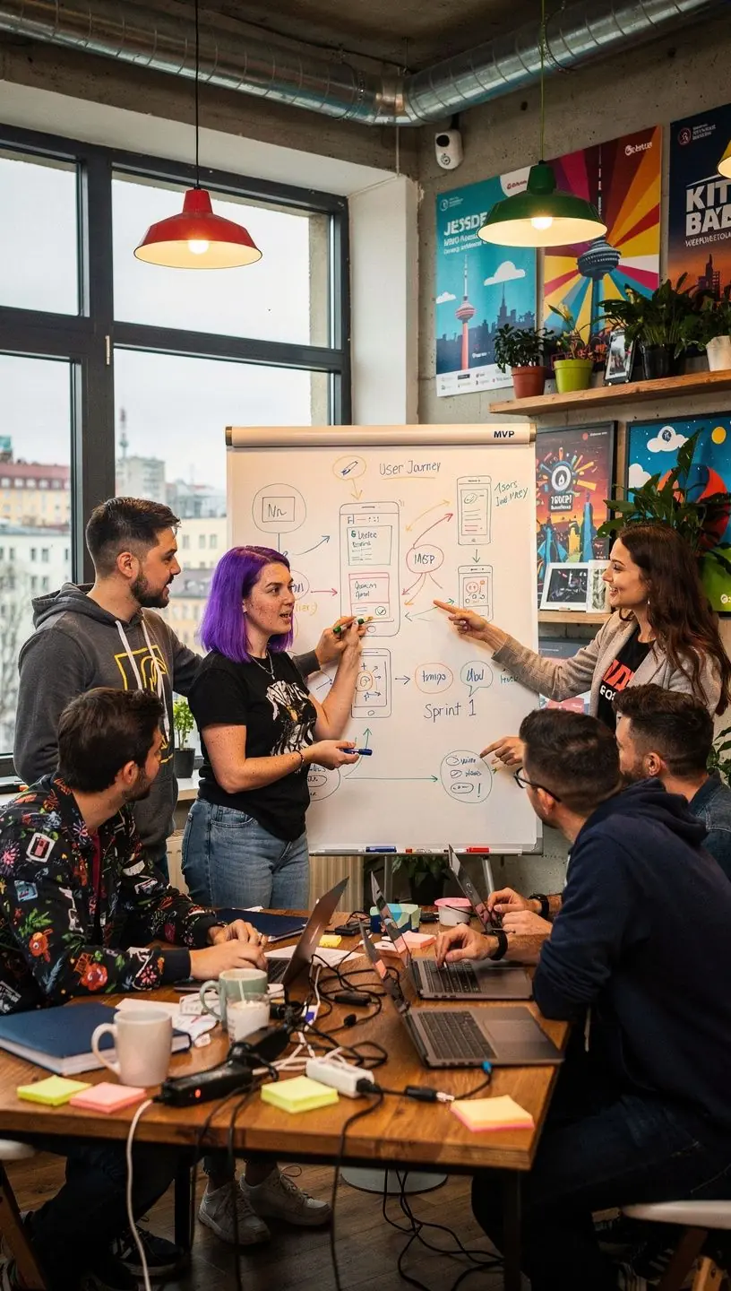 Skupina mladГЅch profesionГЎlЕЇ diskutuje o novГЅch digitГЎlnГ­ch trendech v coworkingovГ©m prostoru.